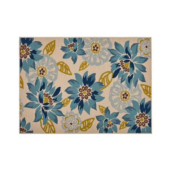 Noble House Anne Ivory and Blue 5 ft. x 3 ft. Indoor/Outdoor Area Rug