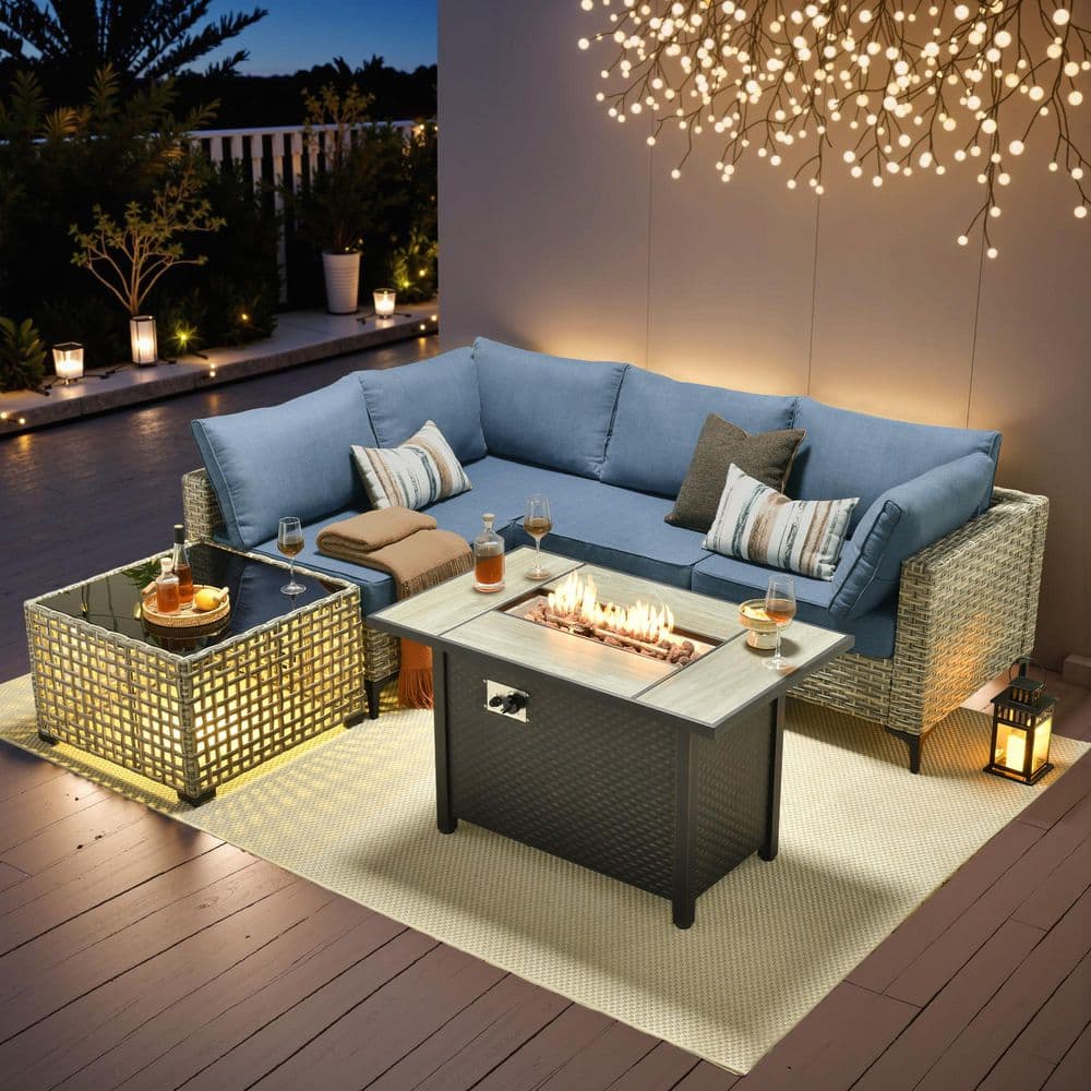 Coralia Gray 6-Piece Wicker Outdoor Sectional Set with Fire Pit, Denim Blue Cushion and Lighted Coffee Table for Patio price history on PriceWatchPro