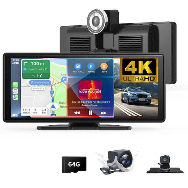 10.26" 4K Wireless Carplay Screen with 360° Rotation Dash Cam and 1080P Backup Camera