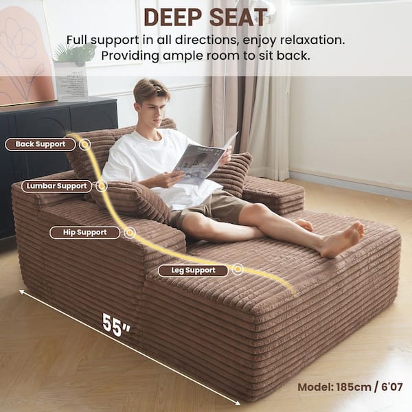 49 in. Brown Corduroy Cloud Couch Oversized Squre Arm Chaise Lounge Chair Sleeper Sofa with 2-Pillows, No Assembly