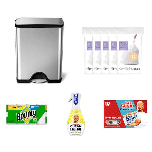 13 Gal. SS Step Trash Can, 50-65L Liners (100-Pack), Paper Towel (12 Rolls), Cleaner, Erasers (10 Count)