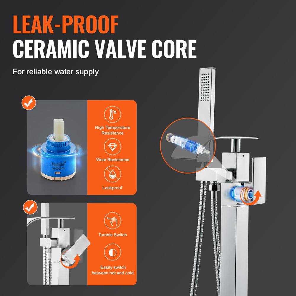 Polished Chrome Freestanding Bathtub Faucet with Handheld Shower