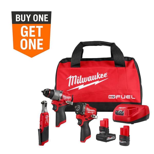 M12 FUEL 12V Lithium-Ion Cordless Drill Driver, Impact Wrench, and Ratchet Combo Kit (3-Tool) w/Batteries, Charger & Bag
