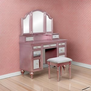 2-Piece Pink, Gray and Rose Gold Makeup Vanity Set with Stool and 9 Drawers