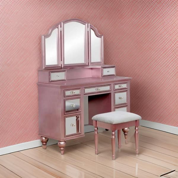 Benjara 2-Piece Pink, Gray and Rose Gold Makeup Vanity Set with Stool and 9 Drawers