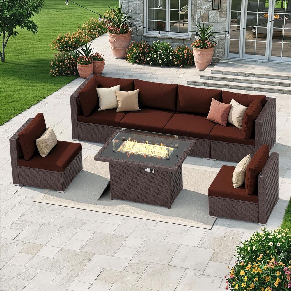 Luxury 7-Piece Espresso Wicker Patio Fire Pit Conversation Sectional Deep Seating Sofa Set with Dark Red Cushions