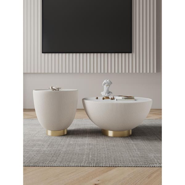 Manhattan Comfort Anderson 28.15 in. Cream Round Leatherette Upholstered Faux Marble Coffee Table with 18.43 in. End Table