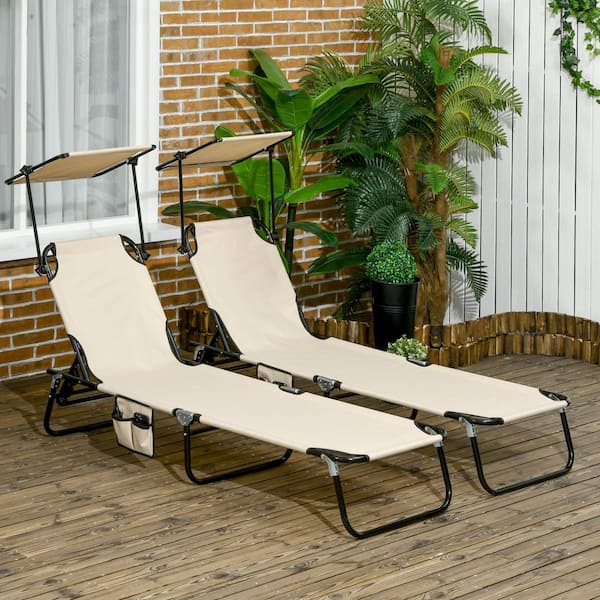 Siavonce Outdoor Folding Steel Lawn Chairs with Canopy Shade, Reclining Backrest, Steel Frame and Side Pockets, Brown (2-Piece)