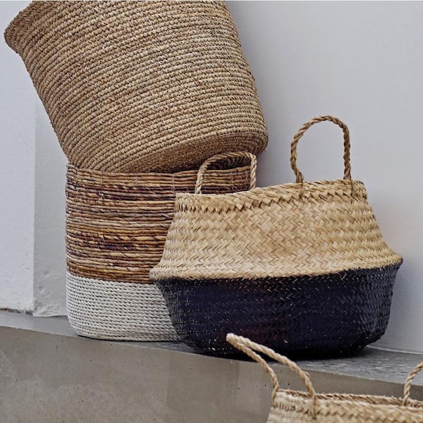 Storied Home Large Black and Beige Seagrass Folding Basket with Handles