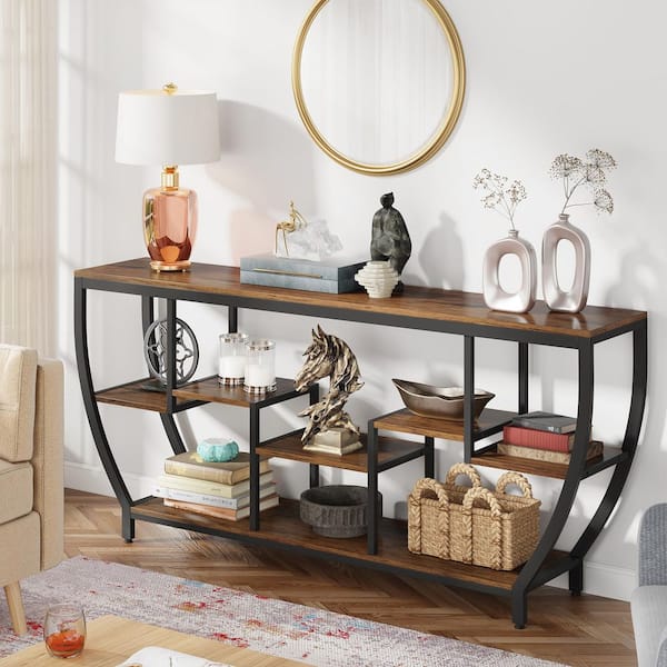 Benjamin 71 in. Brown Rectangle Wood Console Table with Storage, Extra Long Entryway Table Foyer Sofa Table Behind Couch