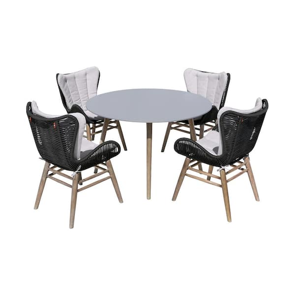 Armen Living Sydney and Fanny 5-Piece Light Eucalyptus Wood Round Outdoor Dining Set with Grey Cushions