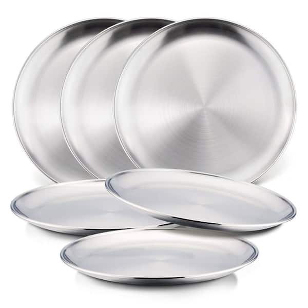 6-piece Silver 18/8 Stainless Steel Plates, 8 in. Feeding Serving Camping Plates, Reusable and Dishwasher Safe