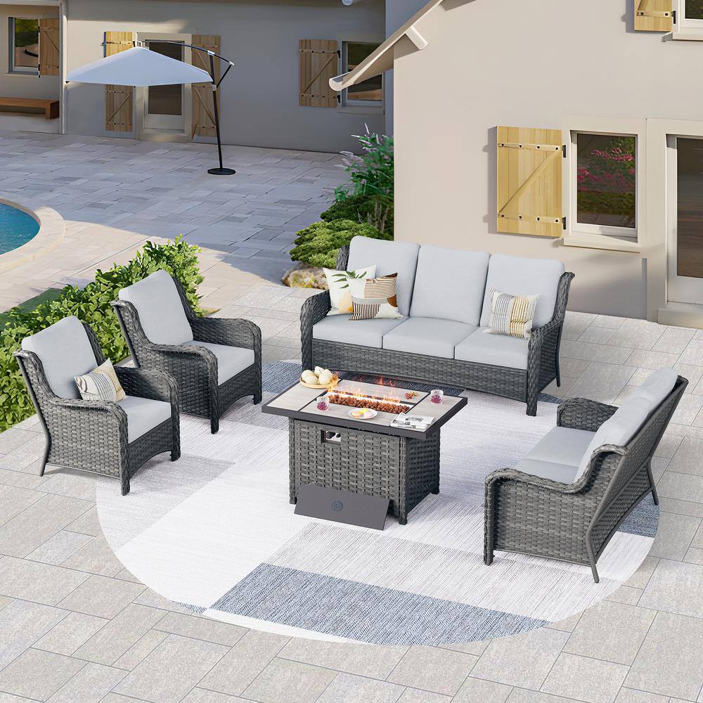 OVIOS Joyoung Gray 5Piece Wicker Patio Rectangle Fire Pit Conversation