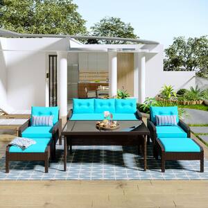 Brown 6-Piece PE Wicker Rattan Patio Conversation Set with Blue Cushions and Tempered Glass Tea Table for Backyard