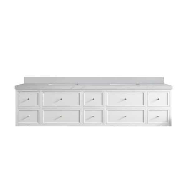 Willow Collections Roswell Floating 84 in. Double Sink Freestanding White Bath Vanity with Calacatta Sienna Qt. Top Unassembled