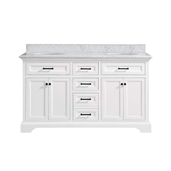 Windlowe 61 in. Double Sink White Bath Vanity with White Carrara White Marble Top and Additional Black hardware