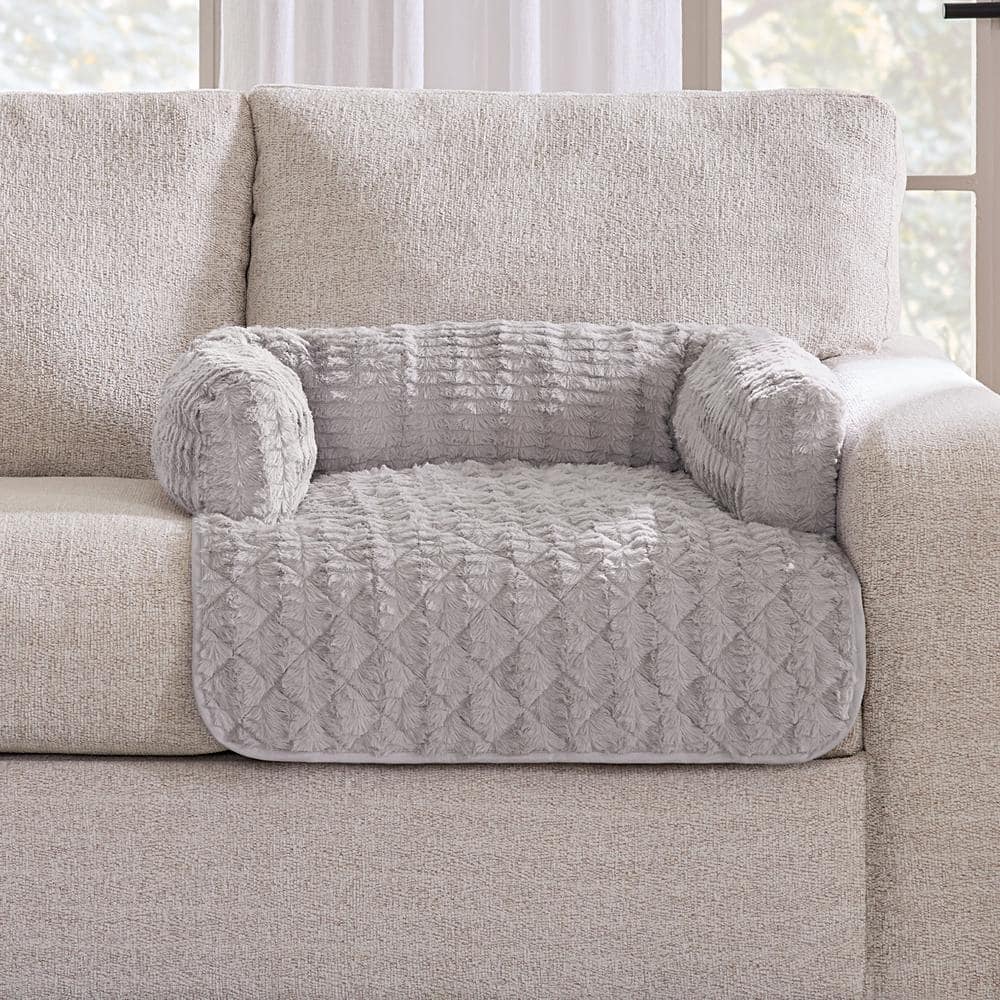 Large Gray Faux Fur 3-Sided Bolster Pet Bed Couch Protector