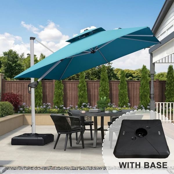 PURPLE LEAF 10 ft. Square High-Quality Aluminum Cantilever Polyester Outdoor Patio Umbrella with Stand, Turquoise Blue