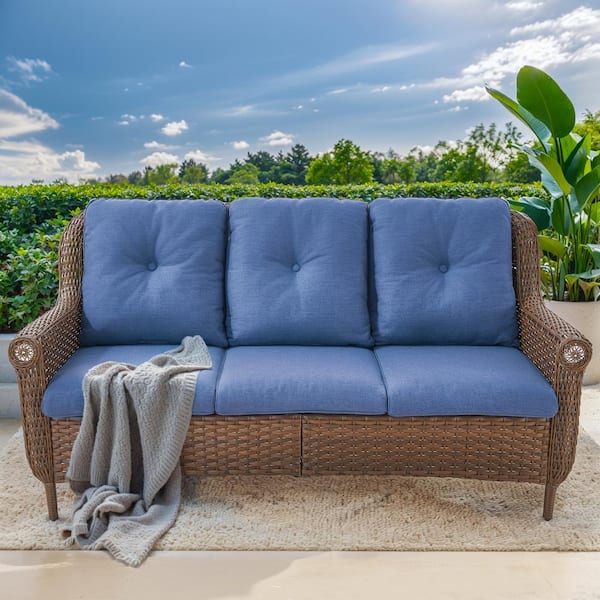 moosprr ChrysArm 3-Seat Brown Wicker Outdoor Patio Couch with Blue Cushions and Chrysanthemum Armrest