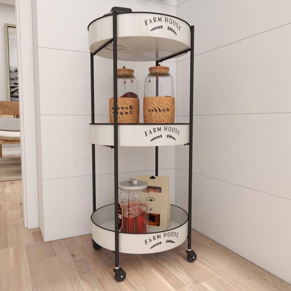 White and Black Metal 3-Tier Farmhouse Rolling Storage Cart