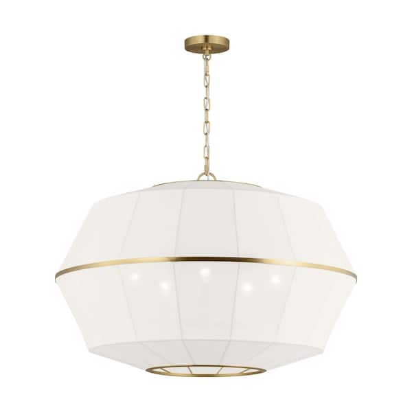 Hikari Wide 5-Light Burnished Brass Dining Room Pendant Chandelier with White Linen Shade