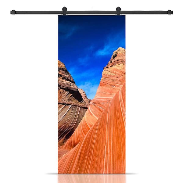 CALHOME 18 in. x 80 in. Artisan Print Series The Wave 01 MDF Modern Interior Sliding Barn Door with Hardware Kit