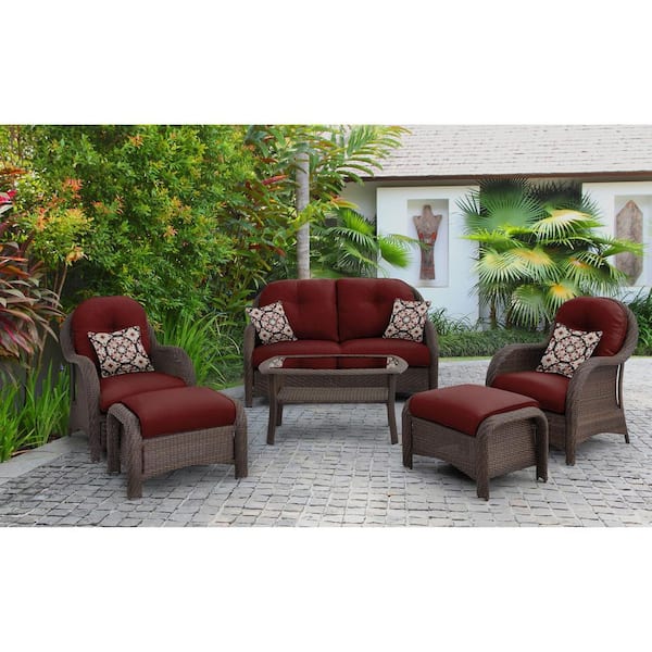 Hanover Newport 6-Piece All-Weather Wicker Woven Patio Seating Set with Crimson Red Cushions