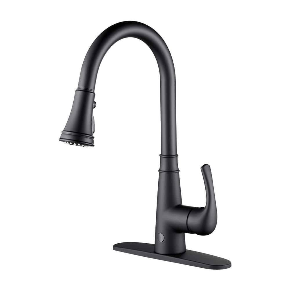 Touchless Single Handle Gooseneck Pull Down Sprayer Kitchen Faucet with Deckplate Pull Out Sink Faucet in Black -  cobbe, H1B1TL3G3