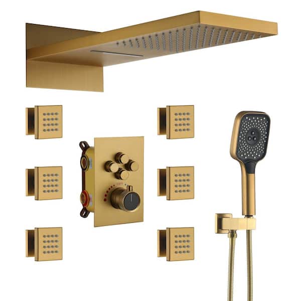 4-Spray 22 in. Rectangular Wall Mounted Dual Shower Head and Handheld Shower Head 2.5 GPM in Brushed Gold