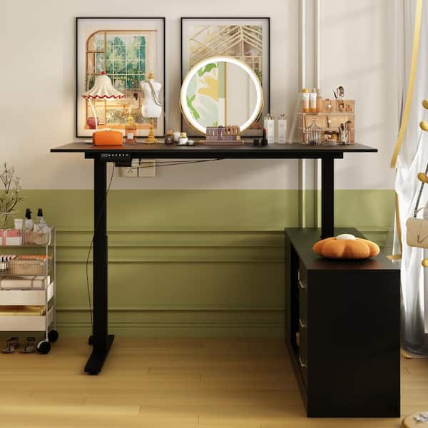 FUFU&GAGA 63 in. Width L-Shape Black Wooden 3-Drawer Computer Desk with Adjustable Height, Open Shelves & A Door Storage Cabinet