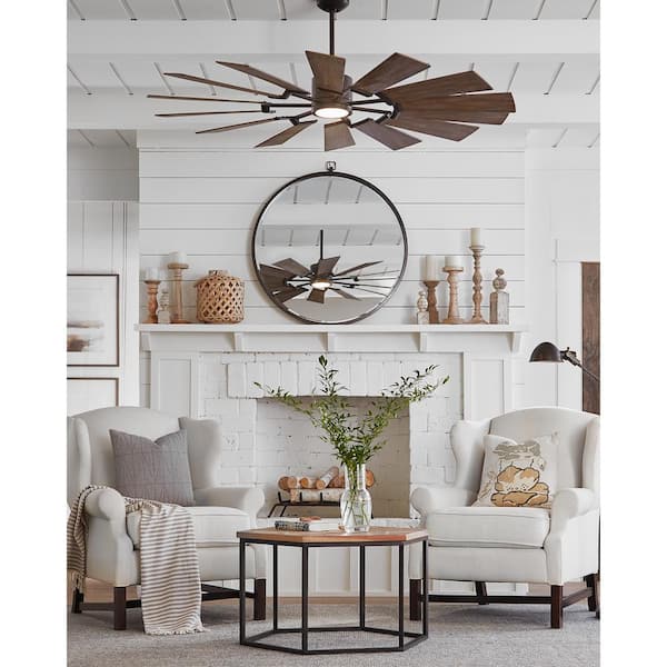 Prairie 62 in. LED Indoor/Outdoor Aged Pewter Ceiling Fan with Light Grey Weathered Oak Blades, Light Kit and Remote