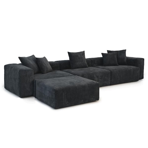141.7 in. Square Arm Corduroy Velvet 4 Pieces Modular Free Combination Sectional Sofa with Ottoman in. Black