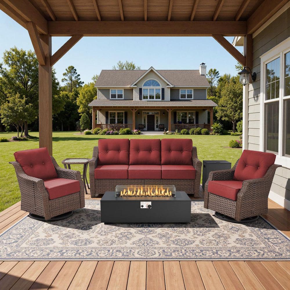 Artisan Brown 5-Piece Wicker Outdoor Patio Fire Pit Conversation Set with Gray Cushions and Swivel Gliders price history on PriceWatchPro