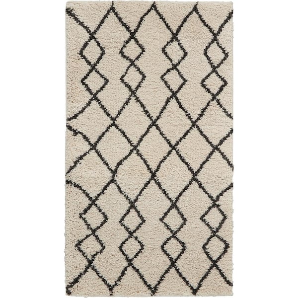 Nourison Geometric Ivory/Charcoal doormat 2 ft. x 4 ft. Shag Modern Kitchen Area Rug