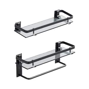 15.74 in. x 5.85 in. H x 4.88 in. D Tempered Glass Rectangular Bathroom Shelf with 4 Removable Hooks in Black, 2-Pieces