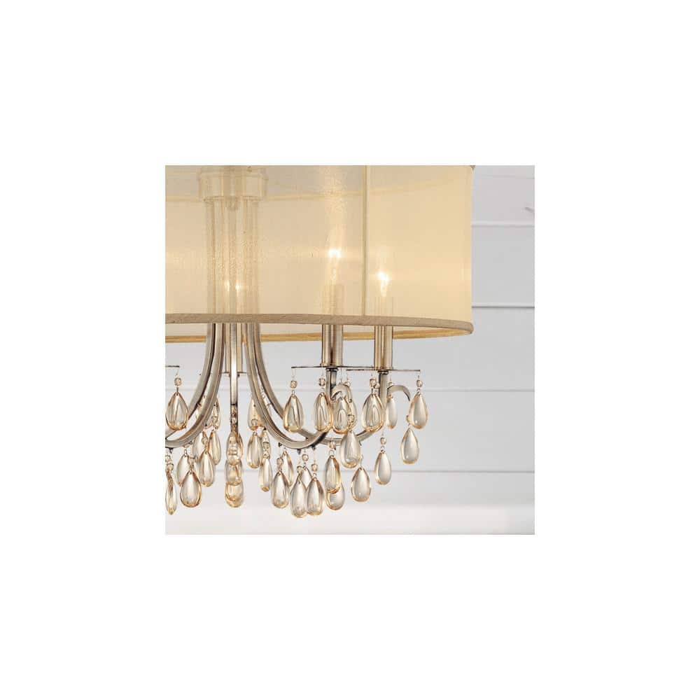 Elegant Brass Drum Chandelier with Silk Shade and Etruscan Teardrop Crystals