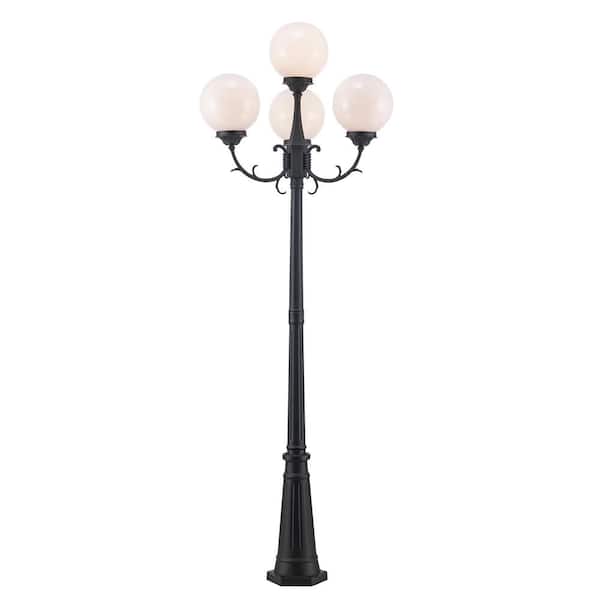 Wilshire 7.5 ft. 4-Light Black Outdoor Lamp Post Light Fixture Set with Opal Acrylic Shades