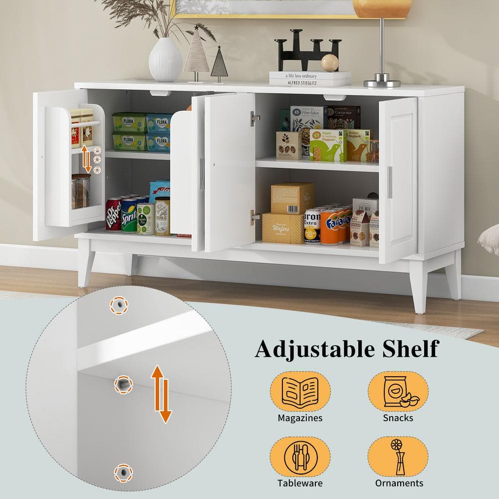 White 60" Modern 4-Door Wood Sideboard with Adjustable Shelves