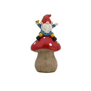 Happy Gnome on Red Mushroom Garden Statue 9 in.