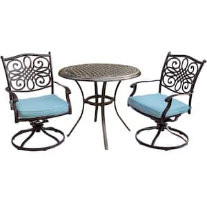 Traditions 3-Piece Aluminum Outdoor Bistro Set with 2 Swivel Rockers, Protective Cover and Ocean Blue Cushions