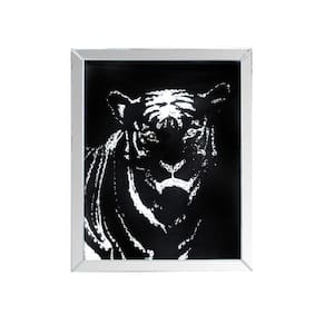 31.69 in. H x 1.77 in. W Black and Silver Rectangular Mirror framed Tiger Wall Decor with Crystal Inlays