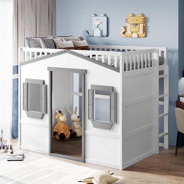 White/Gray Full Size Wood Loft Bed with Ladder