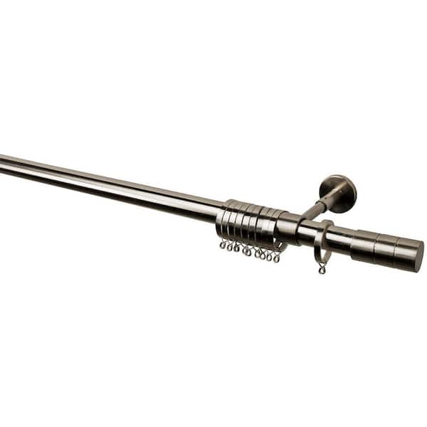 63 in. Intensions Single Curtain Rod Kit in Brushed Nickel with Cylinder Finials with Adjustable Brackets and Rings