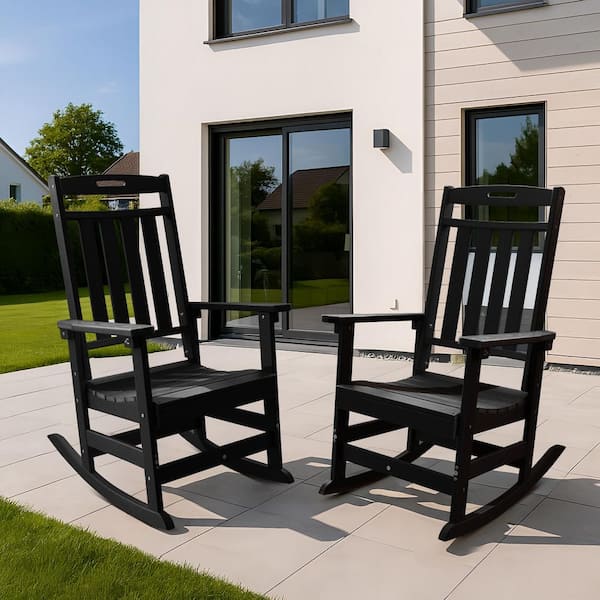 Black HDPE Plastic Outdoor Rocking Chair, Porch Deck Rocker, 2 Pack