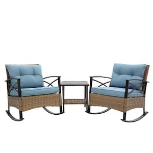 3- Piece Natural Wicker Rattan Outdoor Rocking Chair Set with 2 Blue Cushion and 1 Table