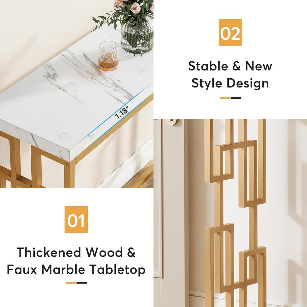 Modern Gold Console Table with White Faux Marble Top
