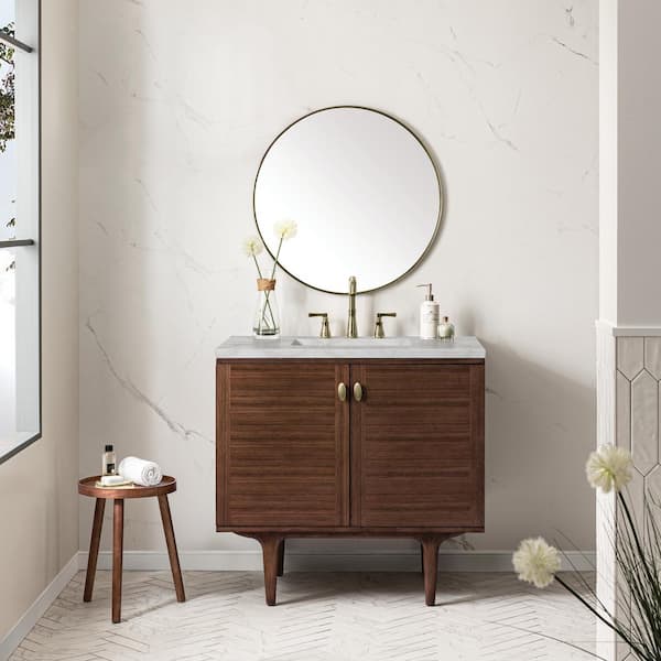 James Martin Vanities Amberly 36.0 in. W x 23.5 in. D x 34.7 in. H Single Bathroom Vanity Mid-Century Walnut and Victorian Silver Quartz Top