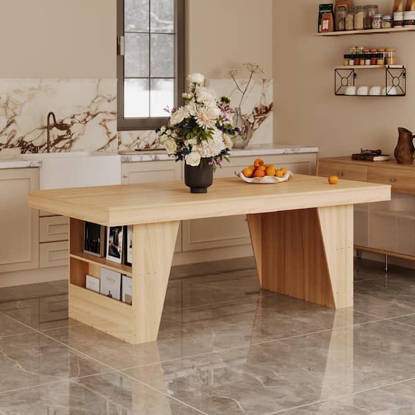 FUFU&GAGA Natural Wood 78.7 in. Double Pedestal Dining Table for 4-8, Side Storage Shelves