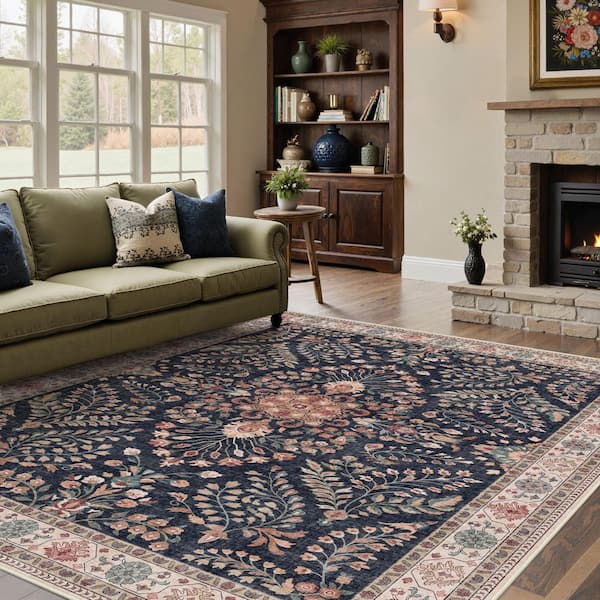 Vienna Black 9 ft. x 12 ft. Washable Vintage Floral Area Rug
