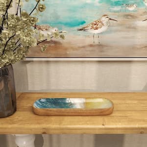 Brown Handmade Mango Wood Ocean Inspired Decorative Tray with Colorful Enameled Interior